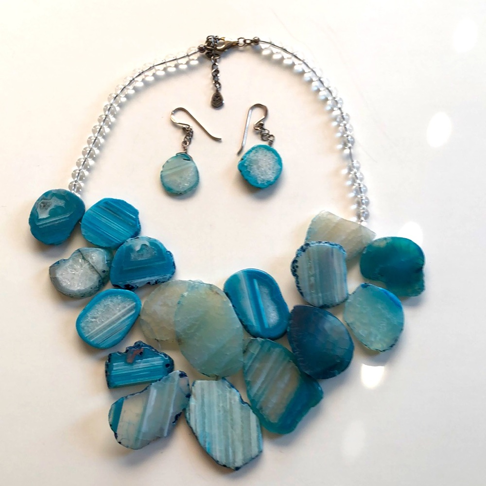 Barse Signed 925 Sterling Silver Blue Agate Geode Necklace and Earring Set